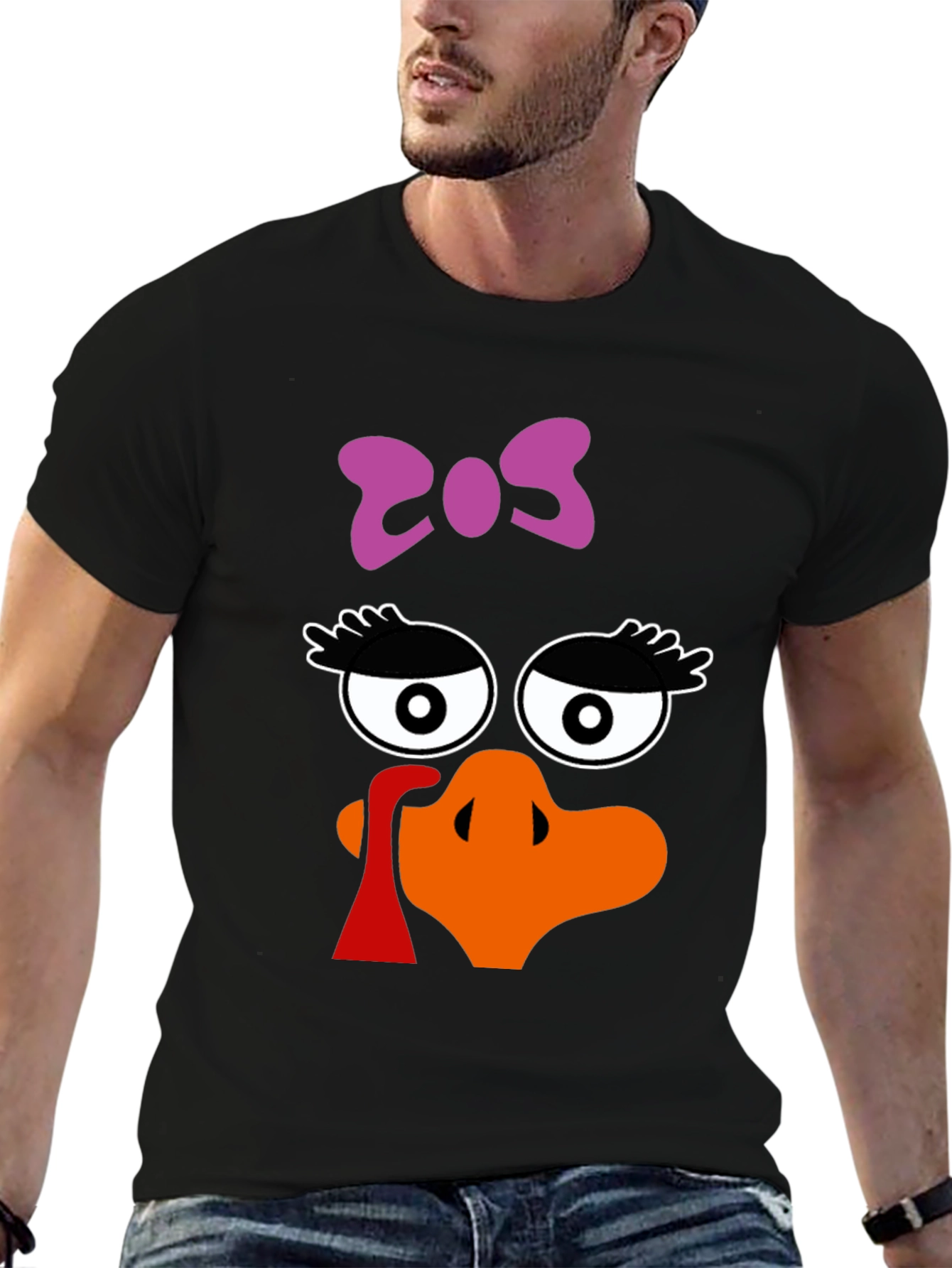 Thanksgiving Turkey Face Bow Black T-Shirt