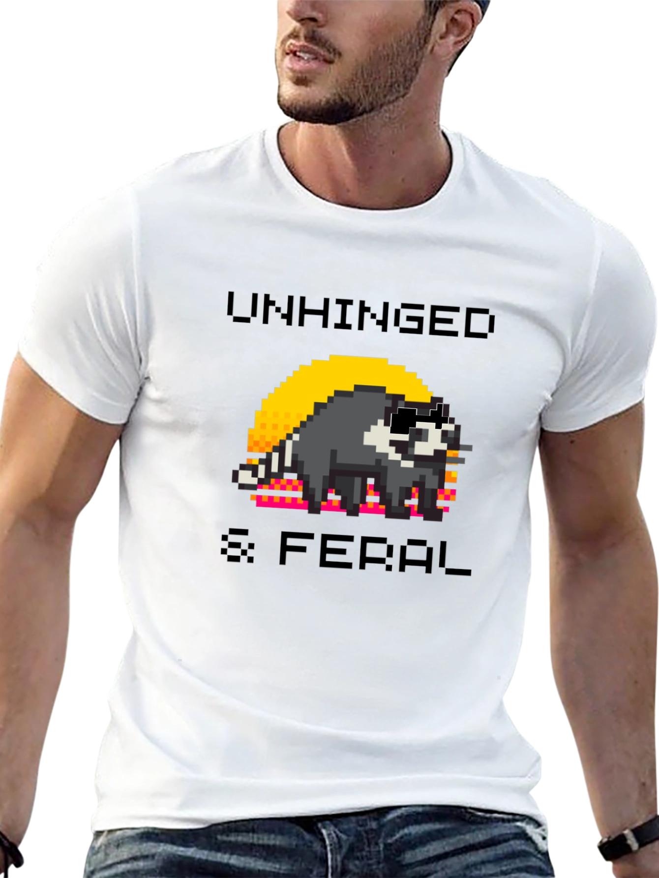Unhinged & Feral Raccoon Pixel Art Graphic T-Shirt