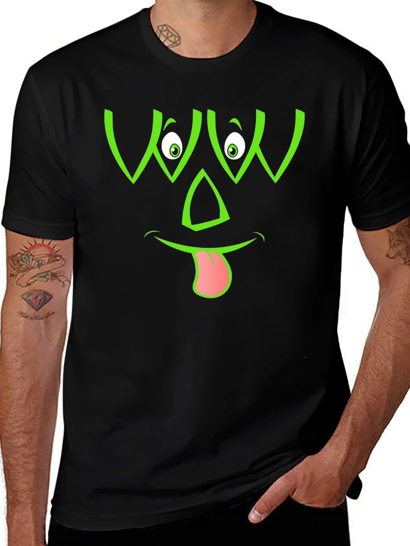 Funny Green Face Graphic Black T-Shirt