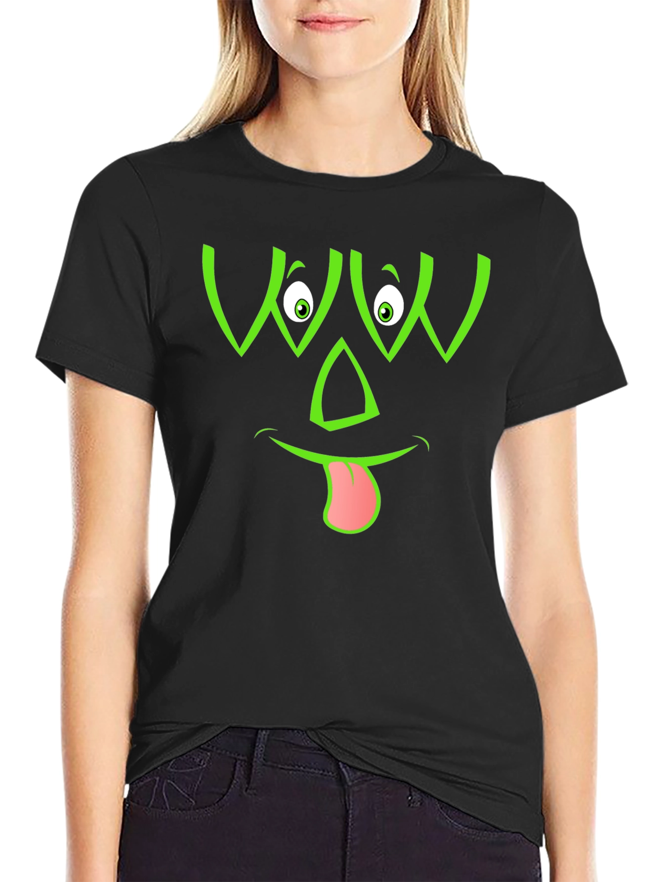 Funny Green Face Graphic Black T-Shirt