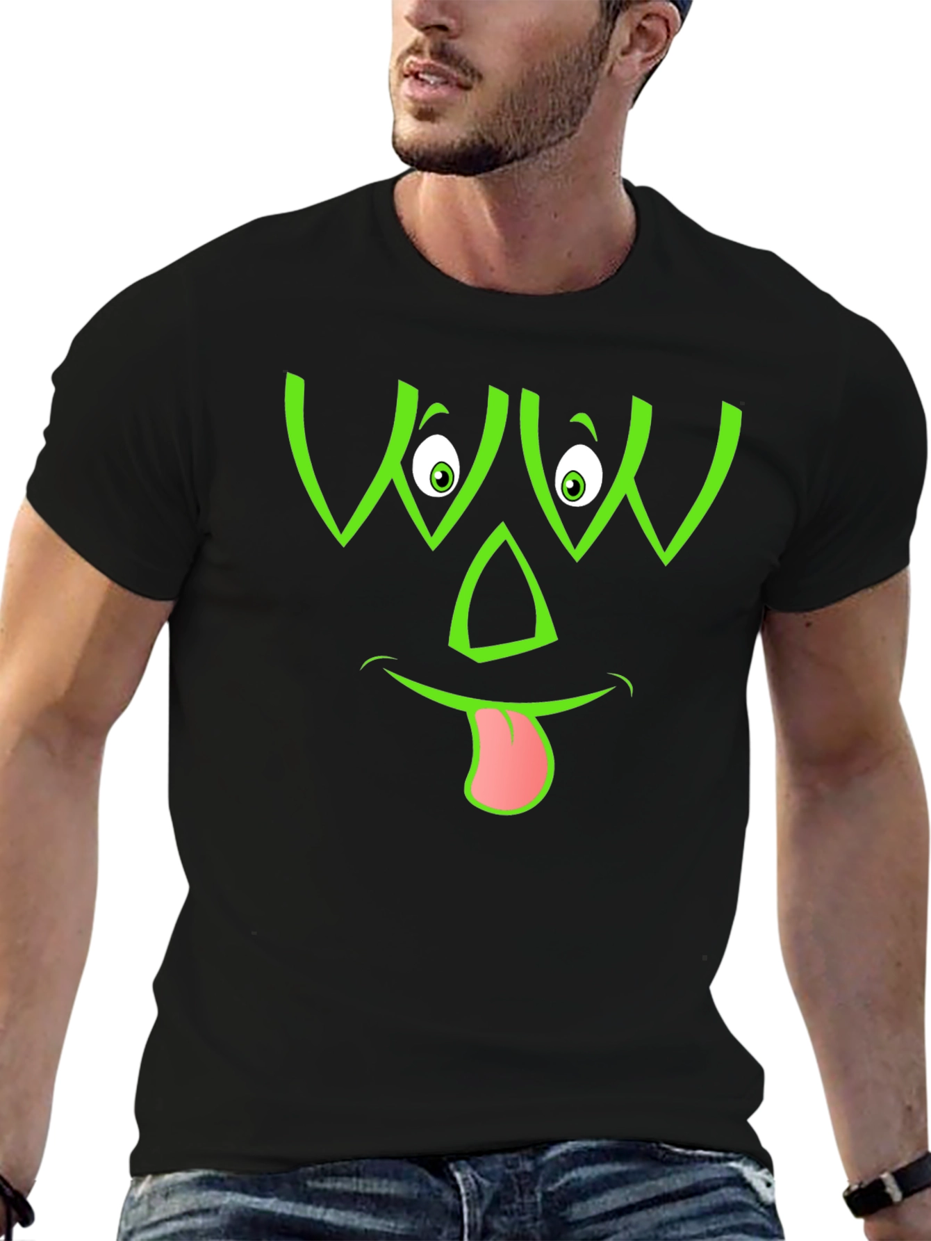 Funny Green Face Graphic Black T-Shirt