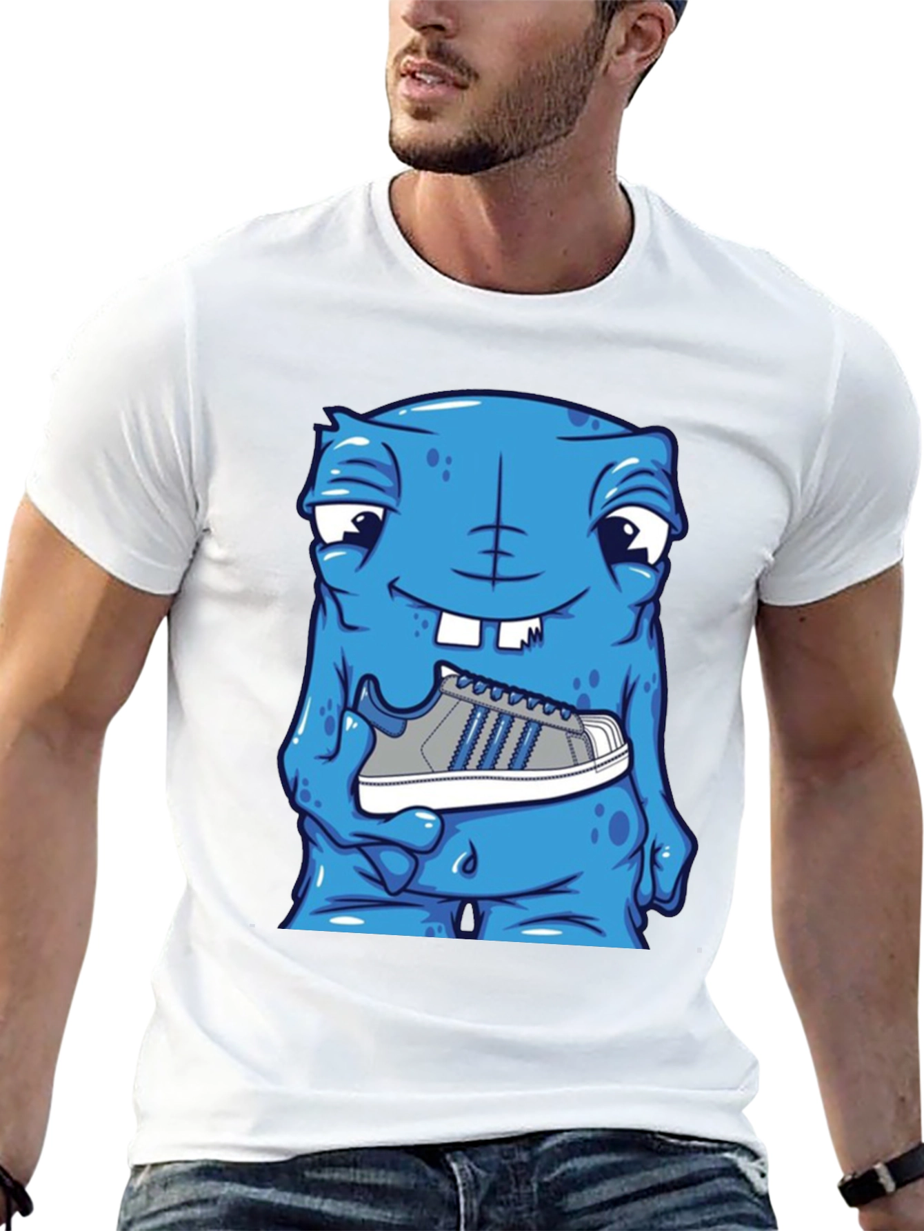 Blue Monster Holding Sneaker T-Shirt