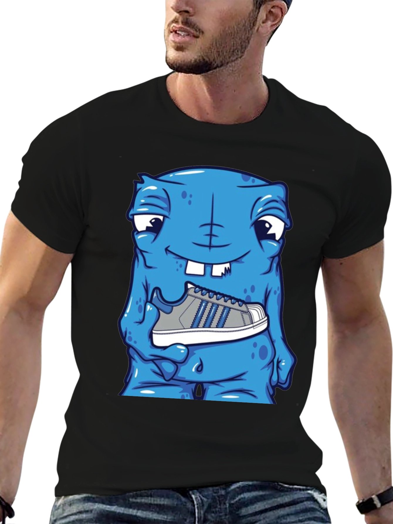 Blue Monster Holding Sneaker T-Shirt