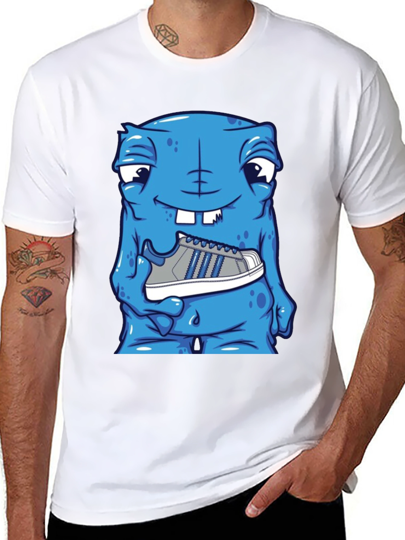 Blue Monster Holding Sneaker T-Shirt