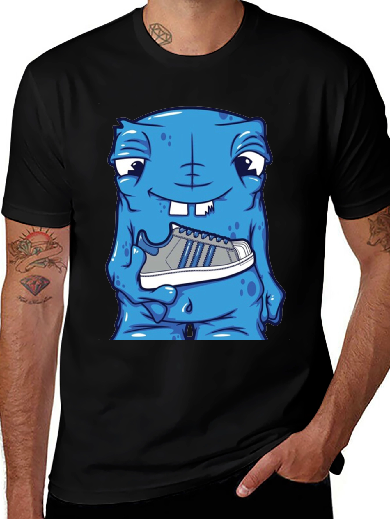 Blue Monster Holding Sneaker T-Shirt