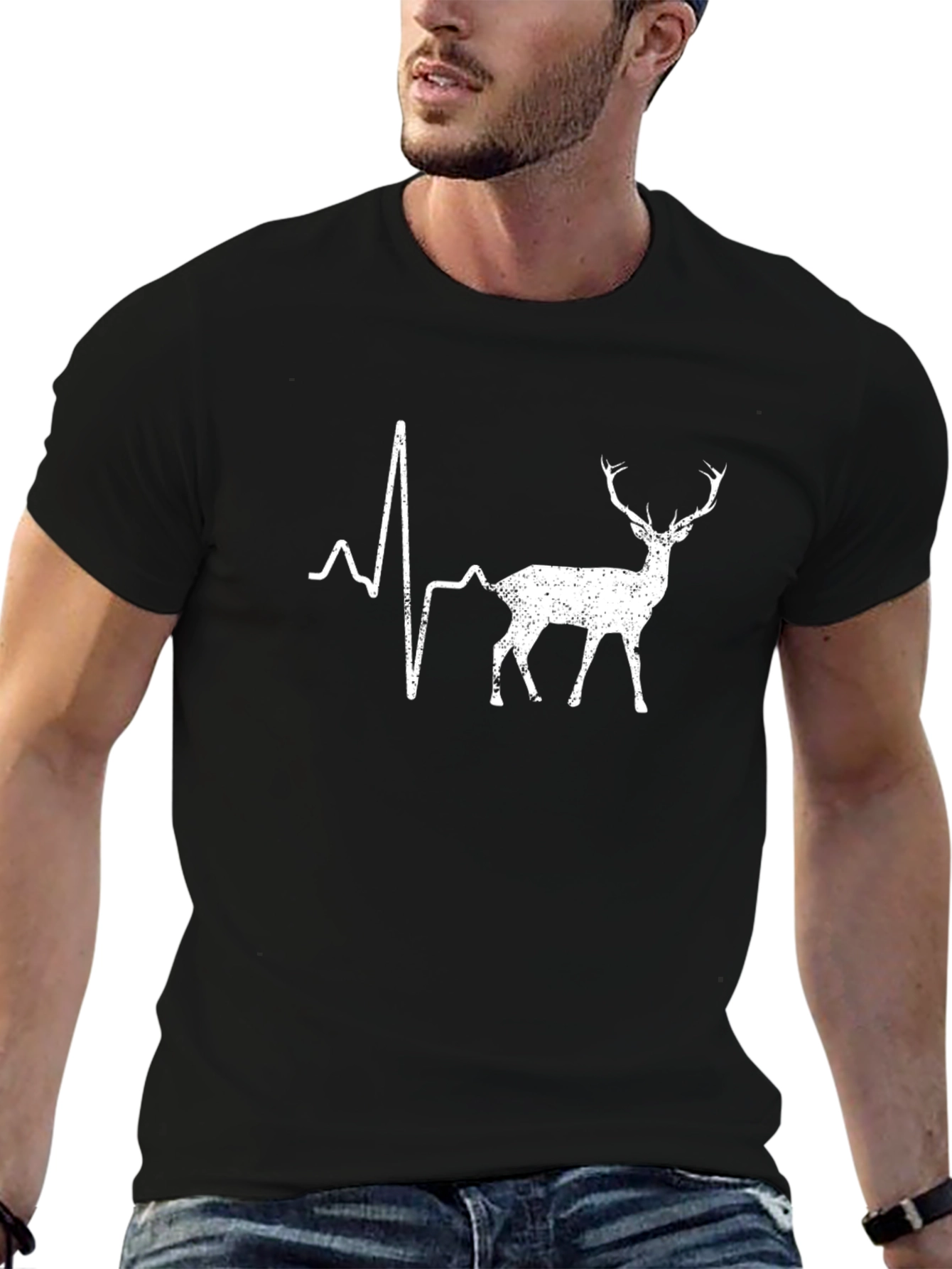 Deer Heartbeat Graphic Tee - Black Cotton T-Shirt