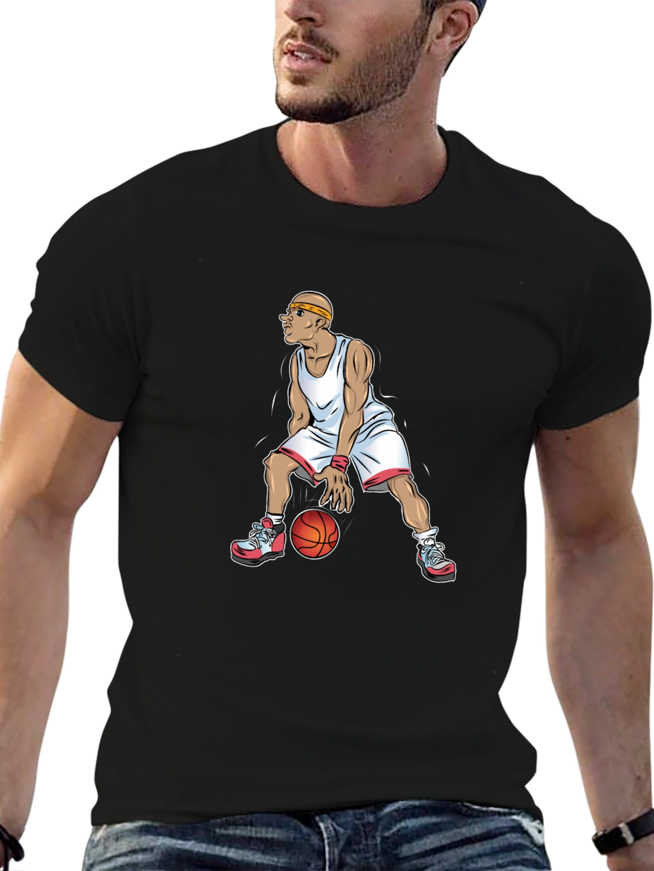 Basketball Player Graphic Tee - Black Cotton T-Shirt