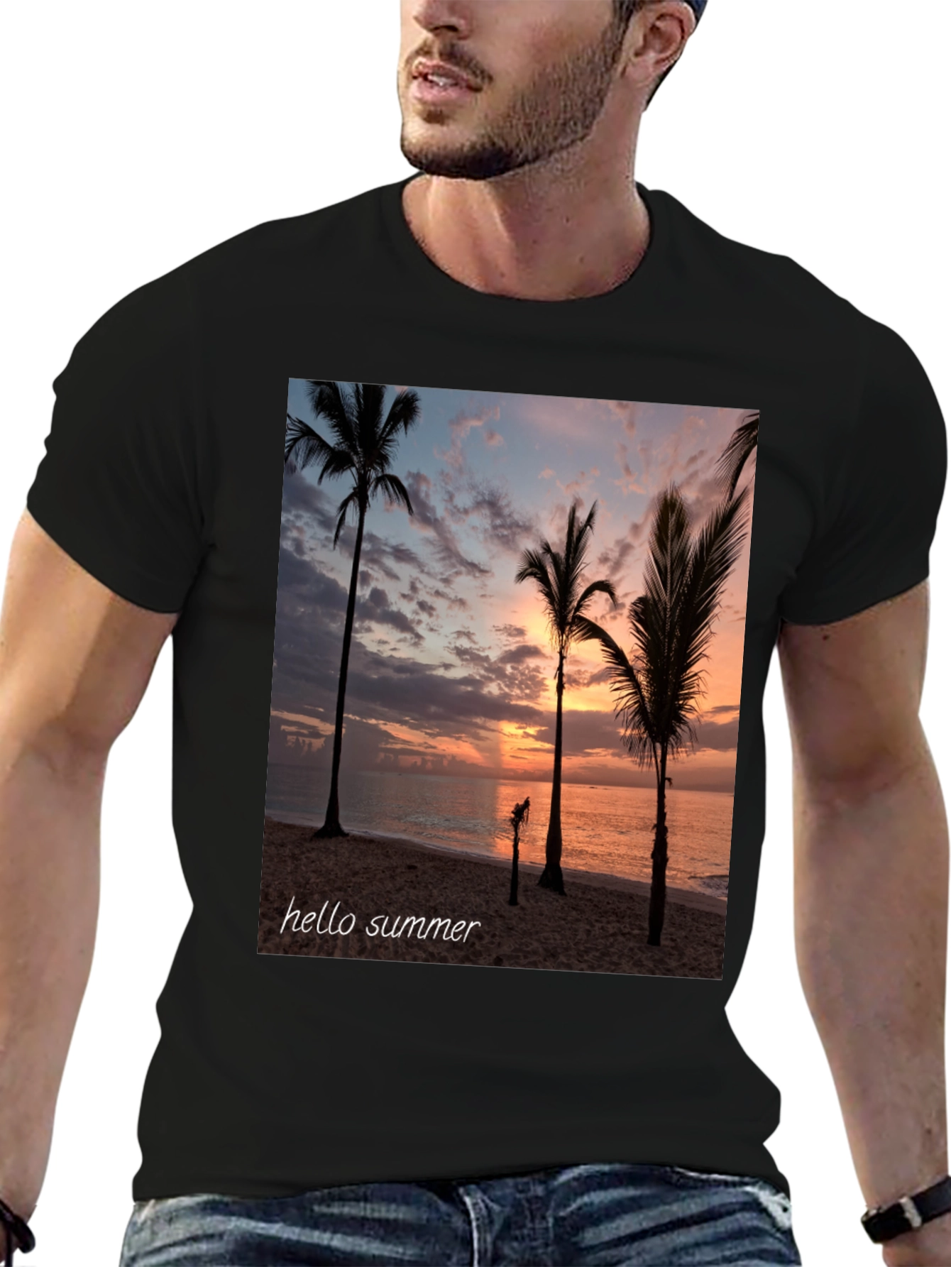 Hello Summer Palm Tree Sunset Black T-Shirt