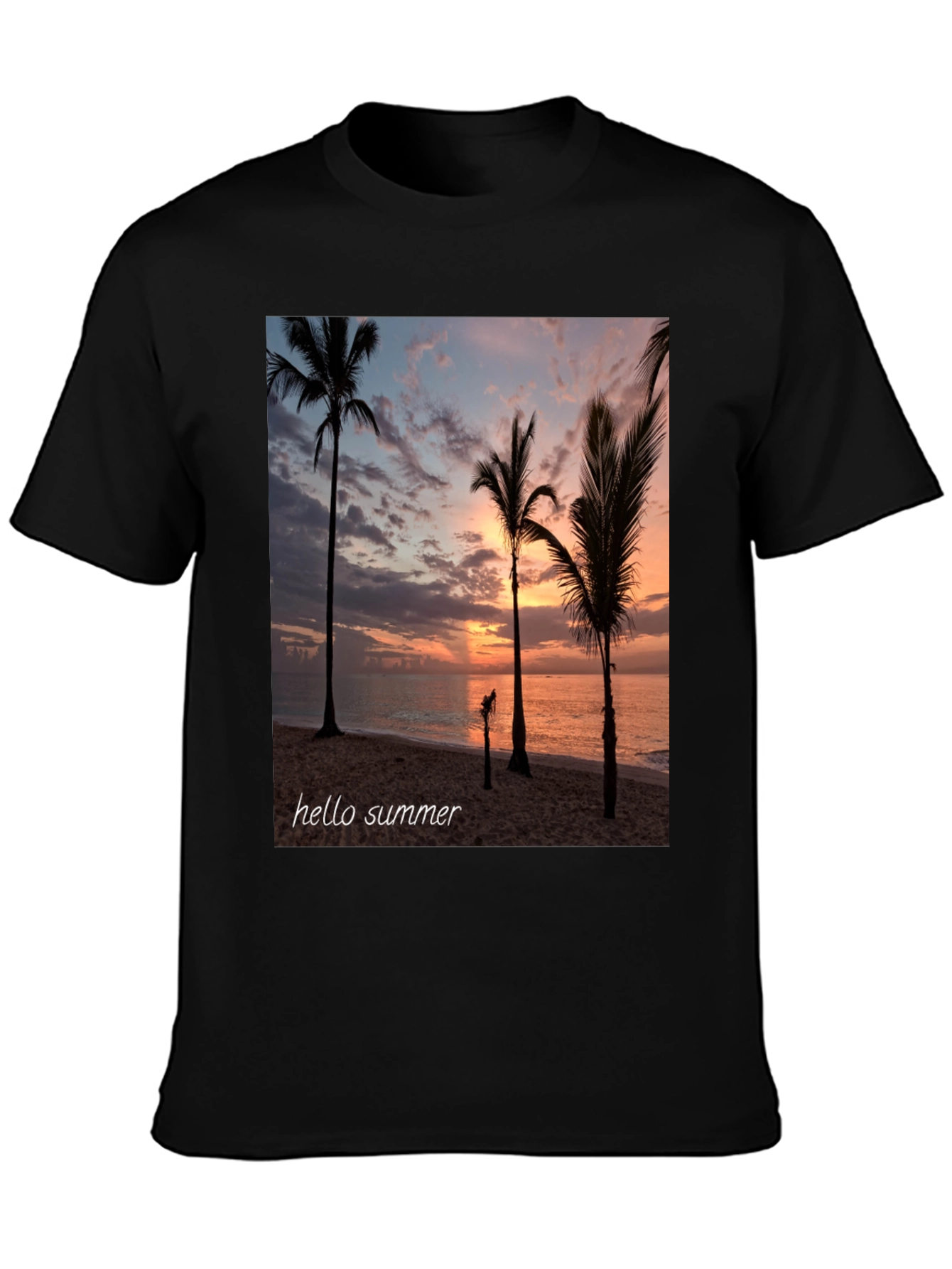 Hello Summer Palm Tree Sunset Black T-Shirt