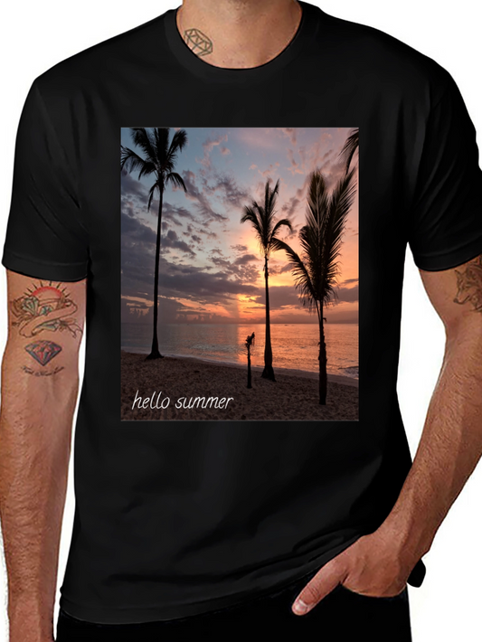 Hello Summer Palm Tree Sunset Black T-Shirt