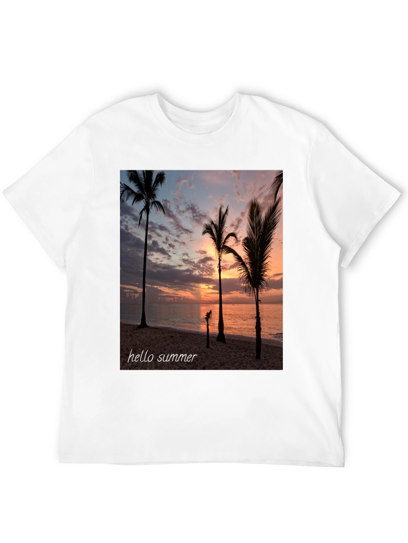Hello Summer Palm Tree Sunset Black T-Shirt