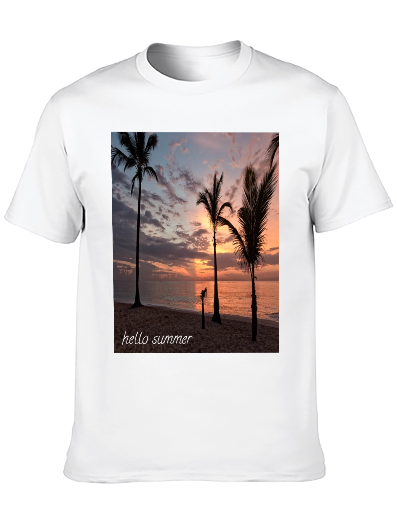 Hello Summer Palm Tree Sunset Black T-Shirt