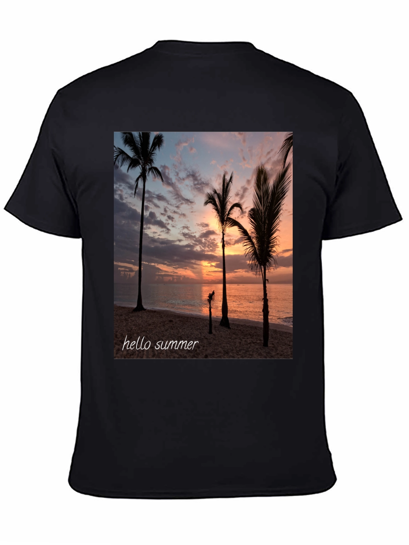 Hello Summer Palm Tree Sunset Black T-Shirt