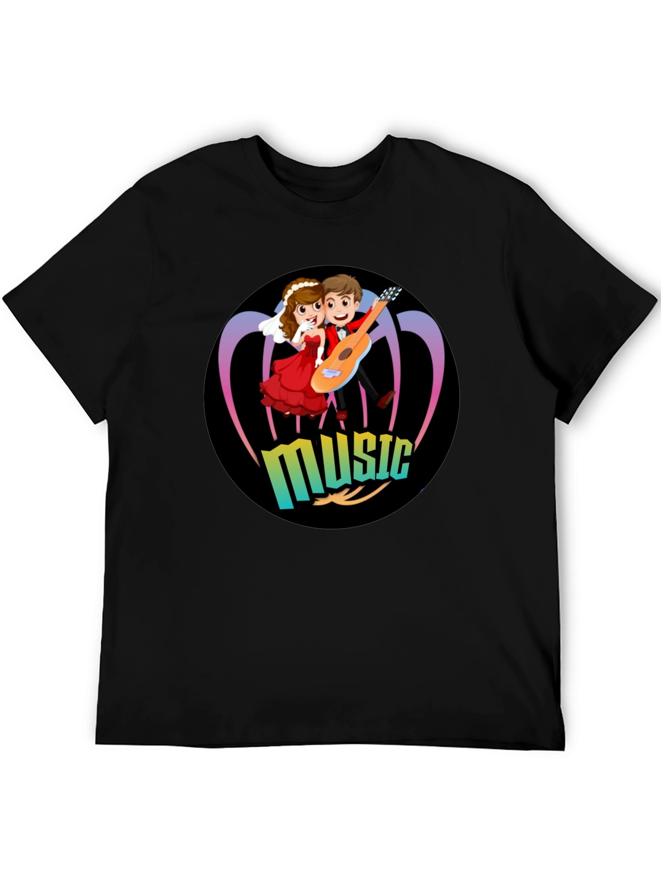 Cartoon Music Couple Black T-Shirt