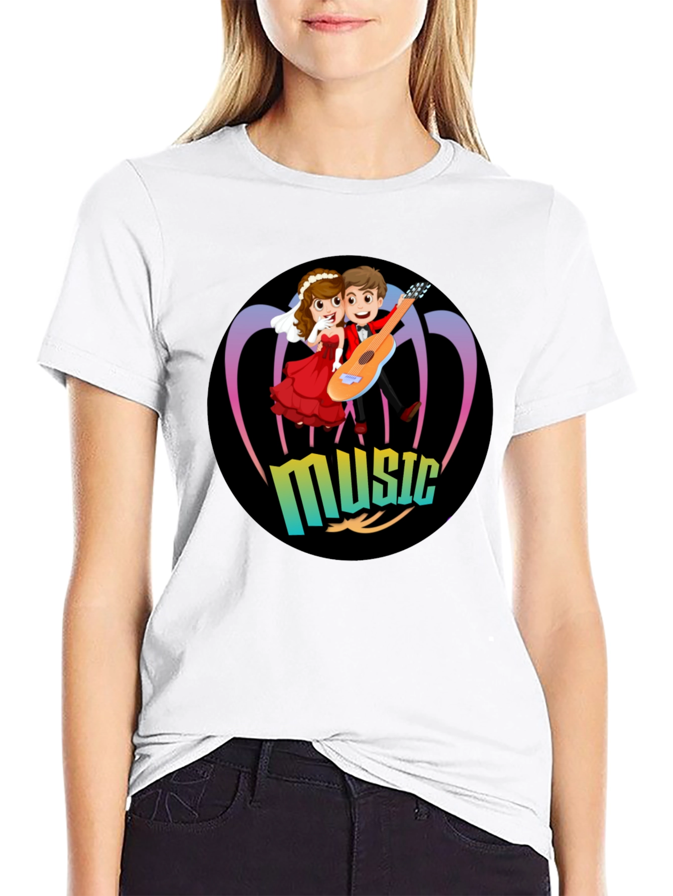 Cartoon Music Couple Black T-Shirt