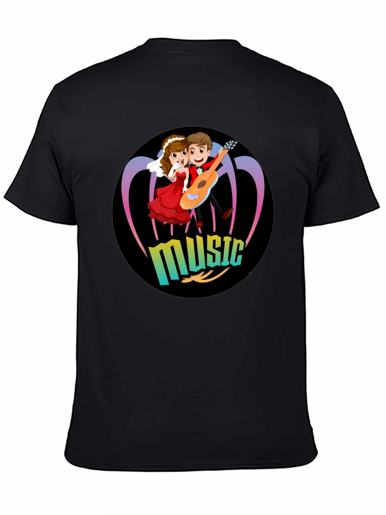 Cartoon Music Couple Black T-Shirt