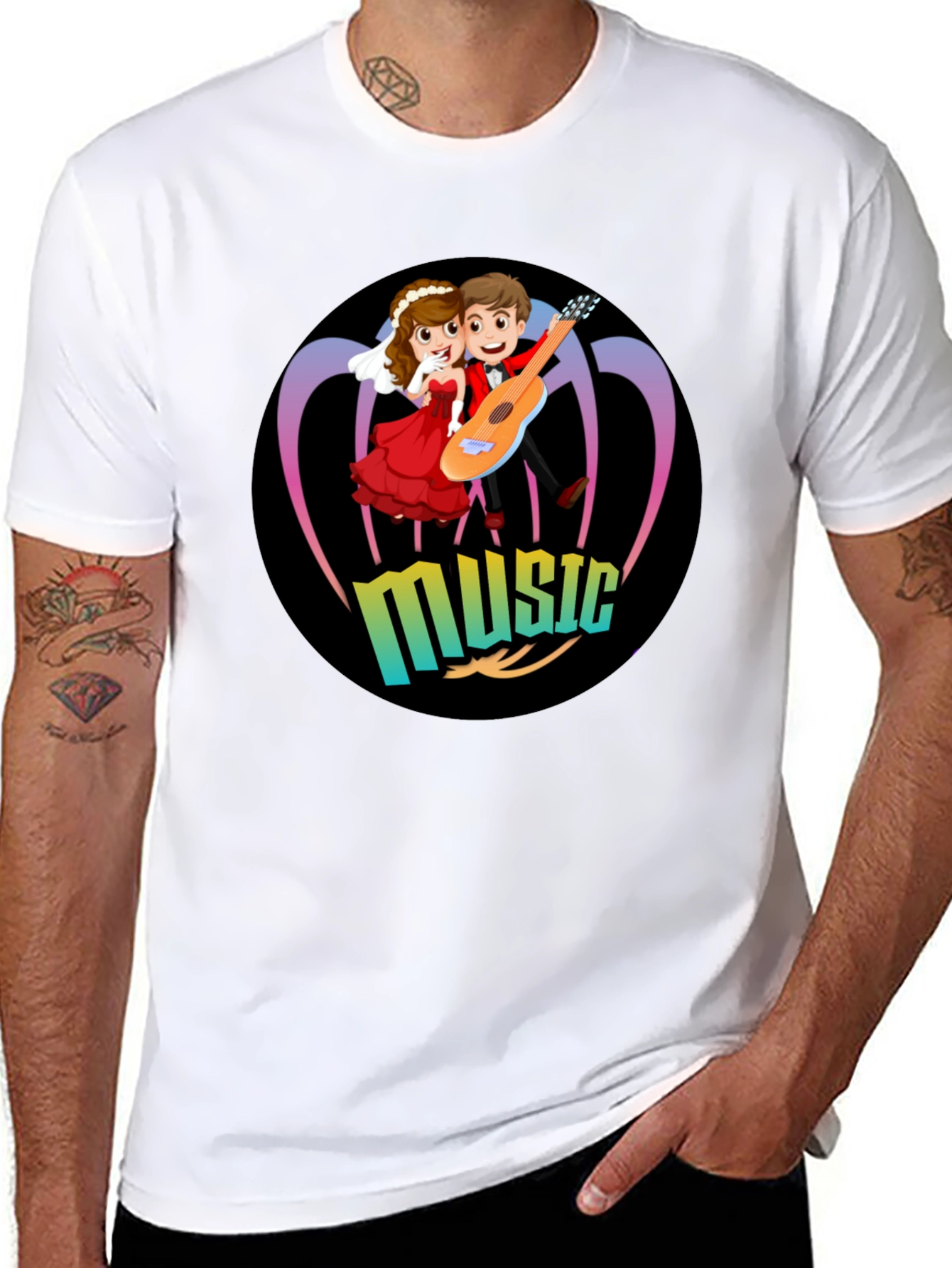 Cartoon Music Couple Black T-Shirt