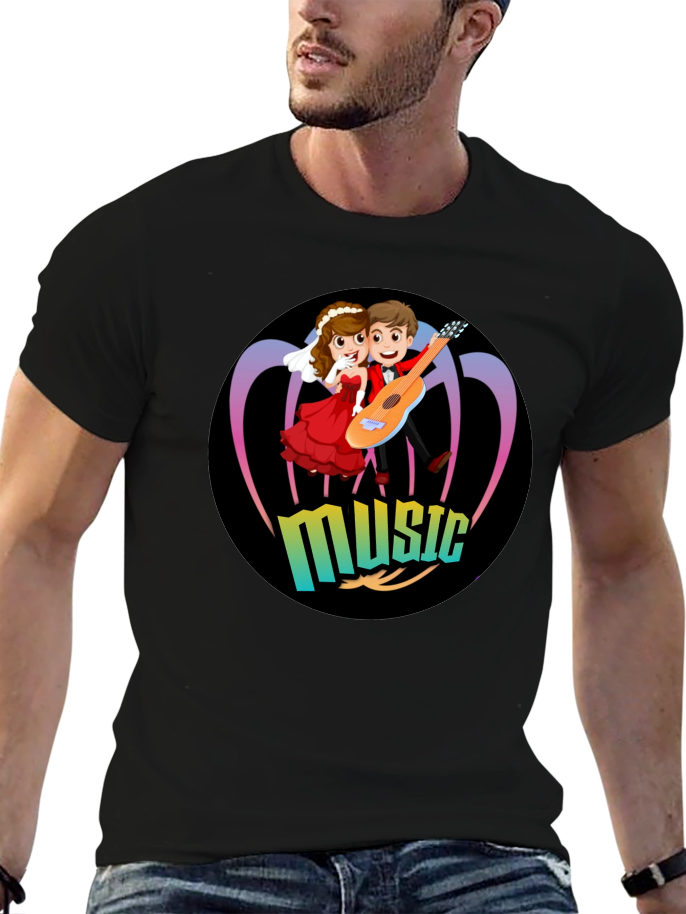Cartoon Music Couple Black T-Shirt