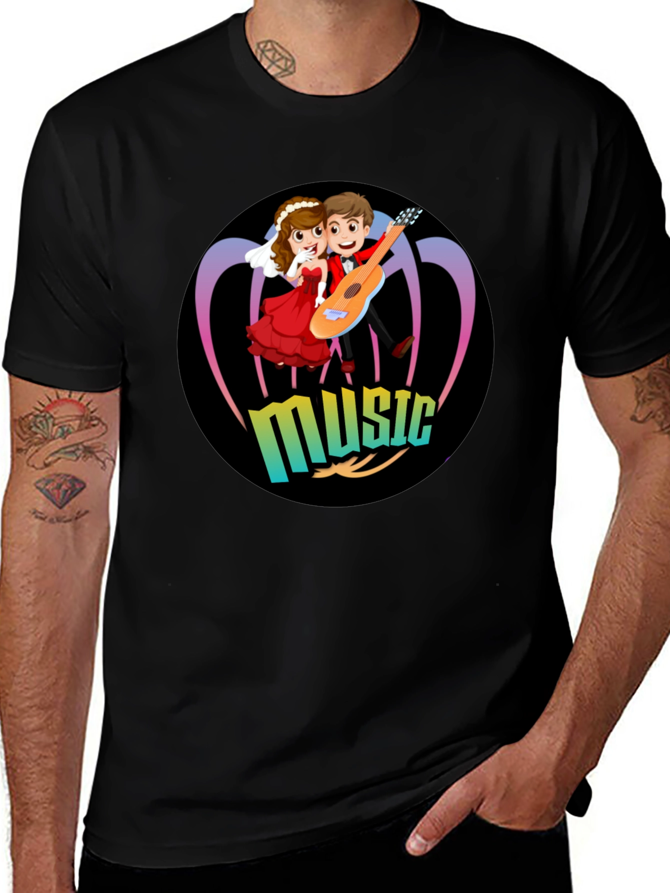 Cartoon Music Couple Black T-Shirt