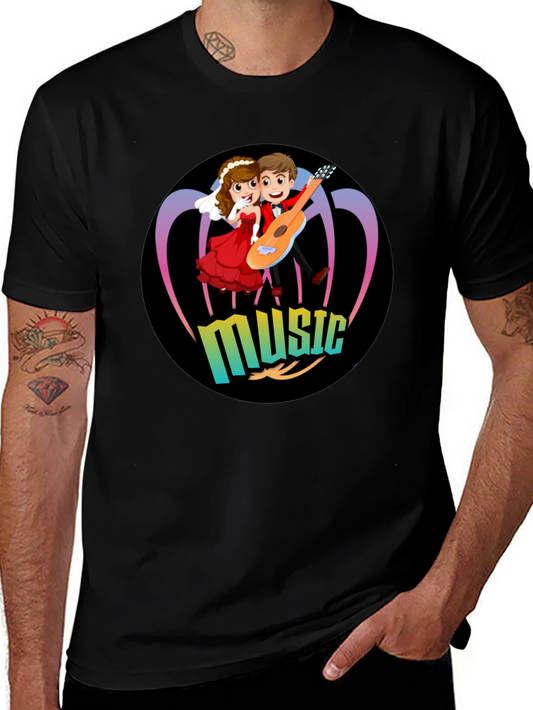 Cartoon Music Couple Black T-Shirt