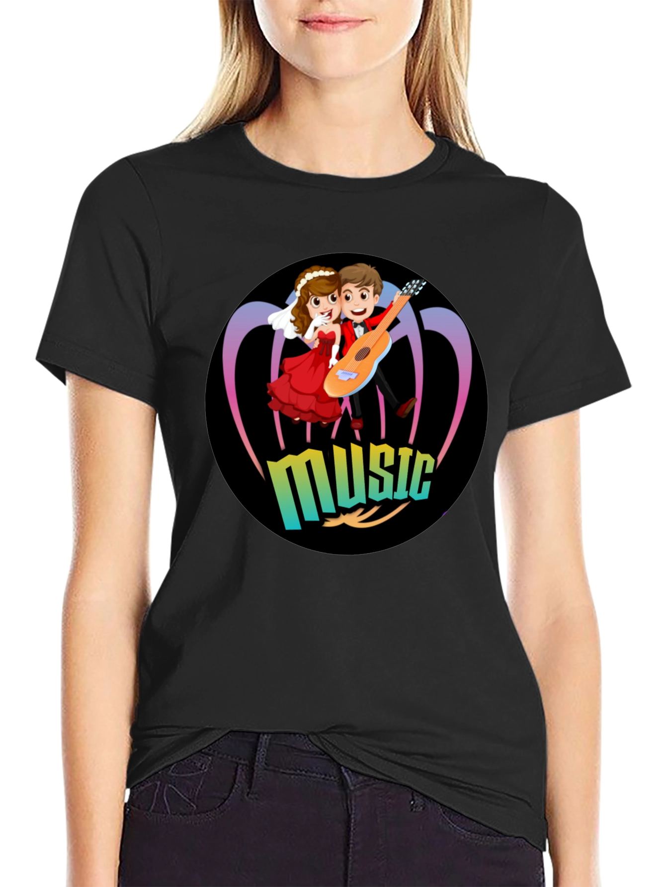 Cartoon Music Couple Black T-Shirt