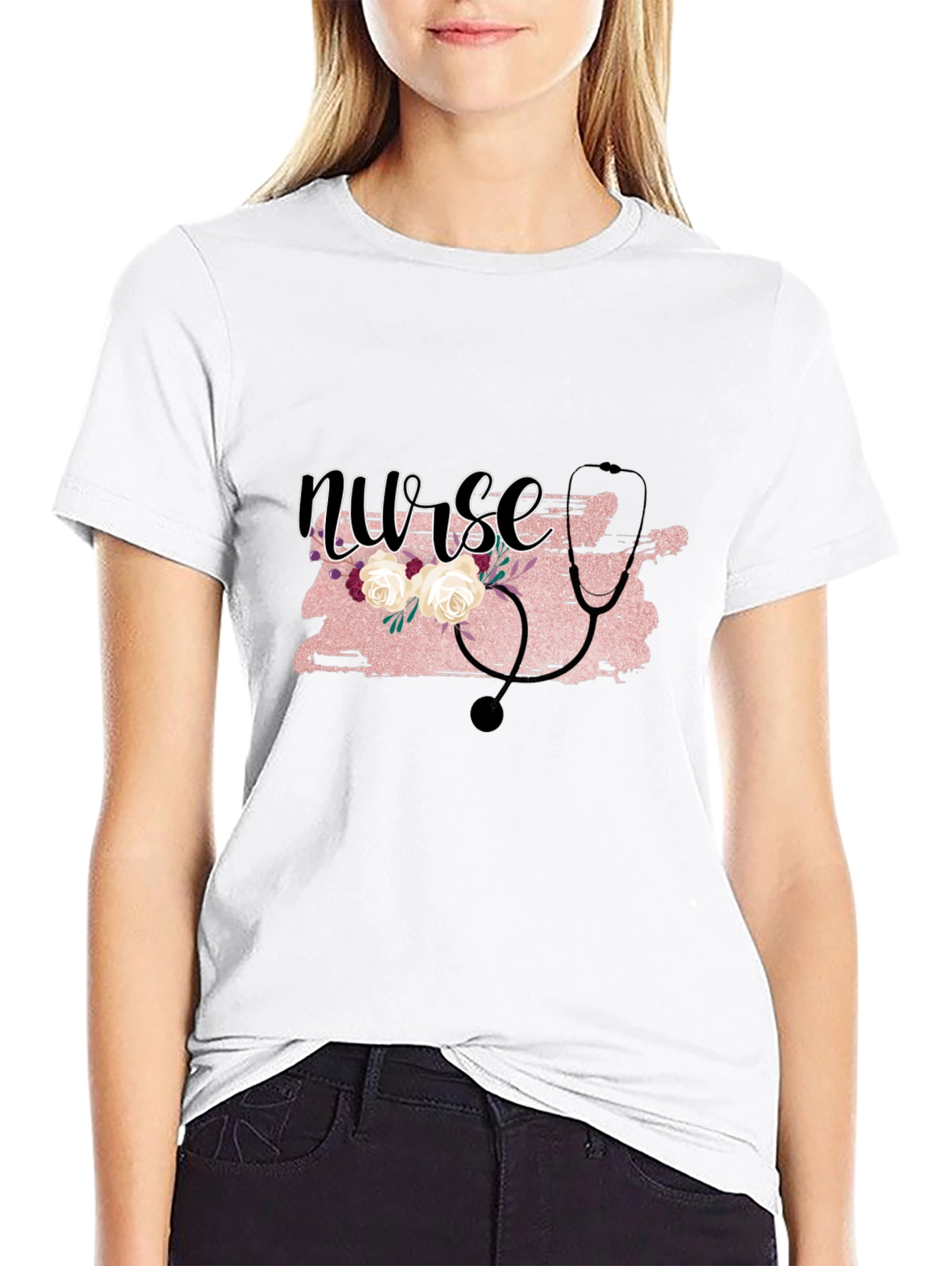 Nurse Floral Stethoscope Graphic T-Shirt