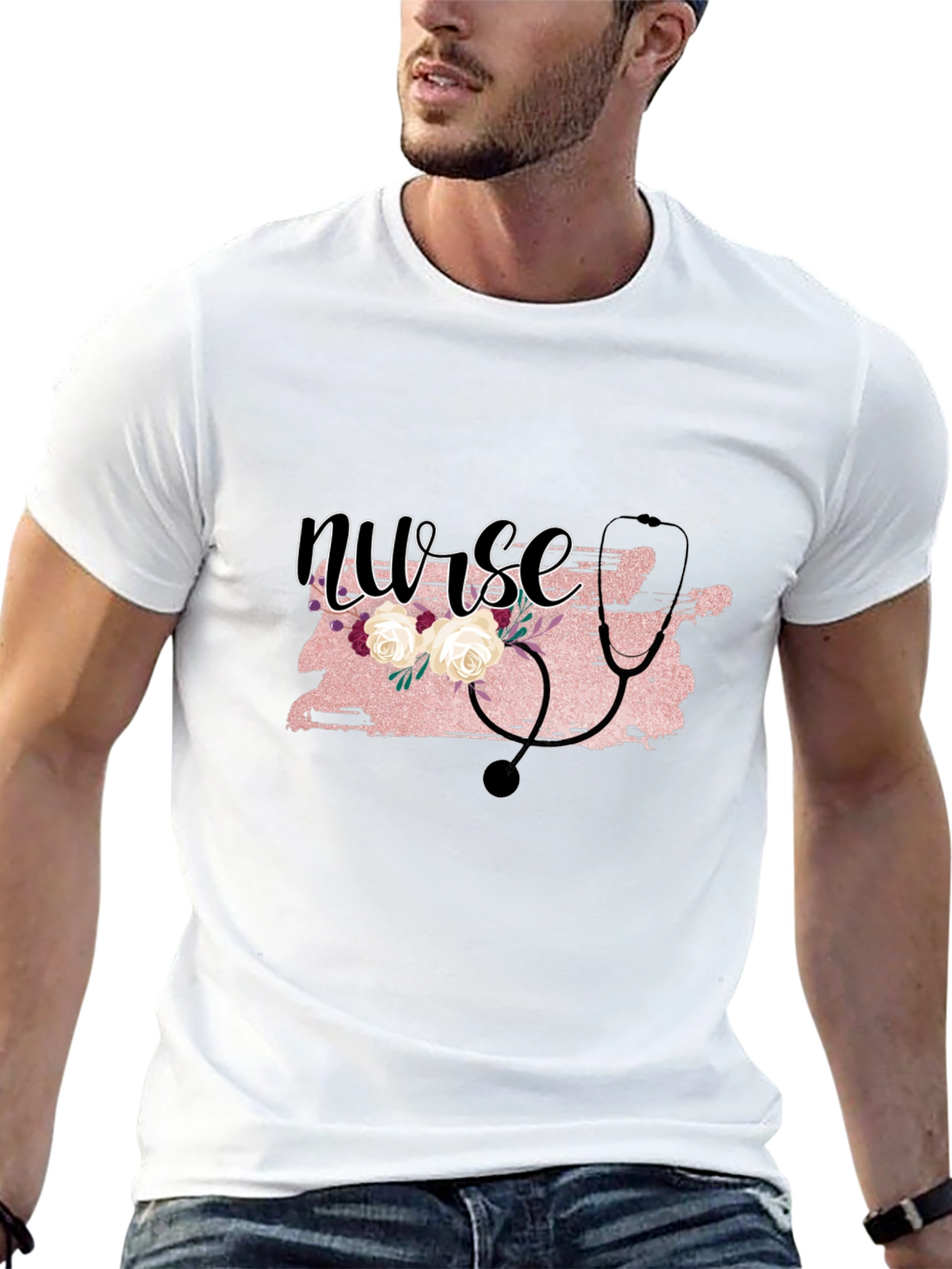 Nurse Floral Stethoscope Graphic T-Shirt