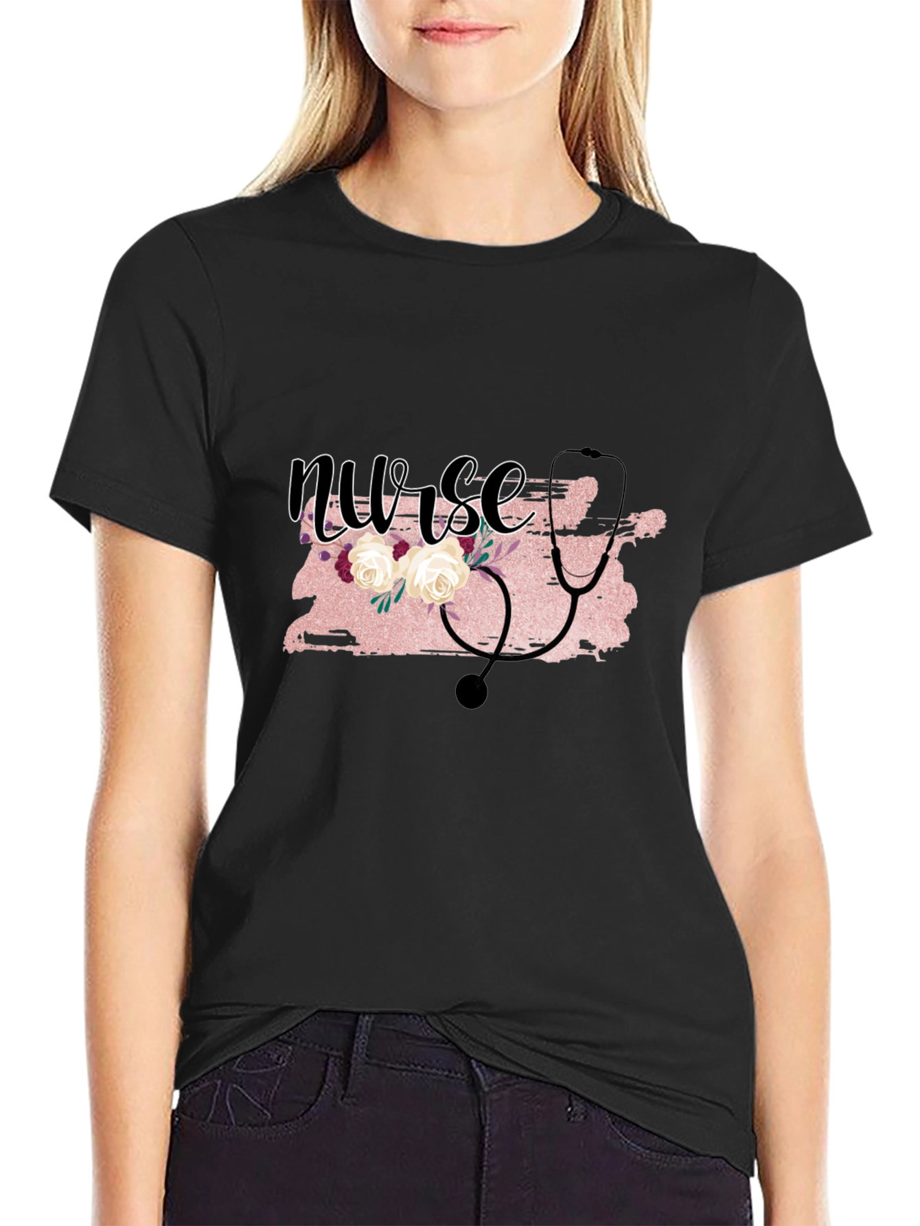 Nurse Floral Stethoscope Graphic T-Shirt