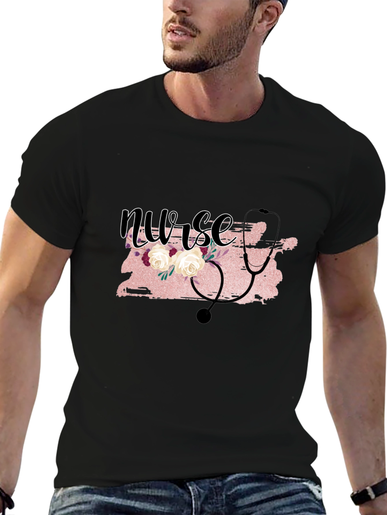 Nurse Floral Stethoscope Graphic T-Shirt