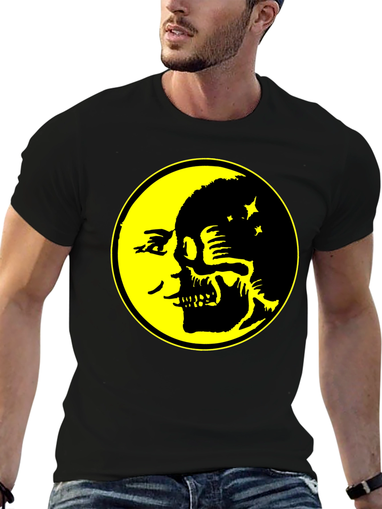 Skull Moon Graphic Tee - Black Cotton T-Shirt