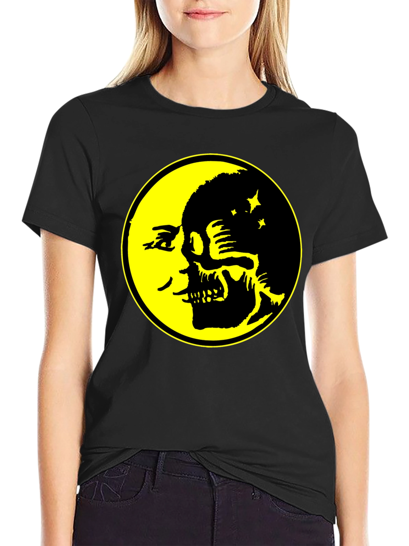 Skull Moon Graphic Tee - Black Cotton T-Shirt