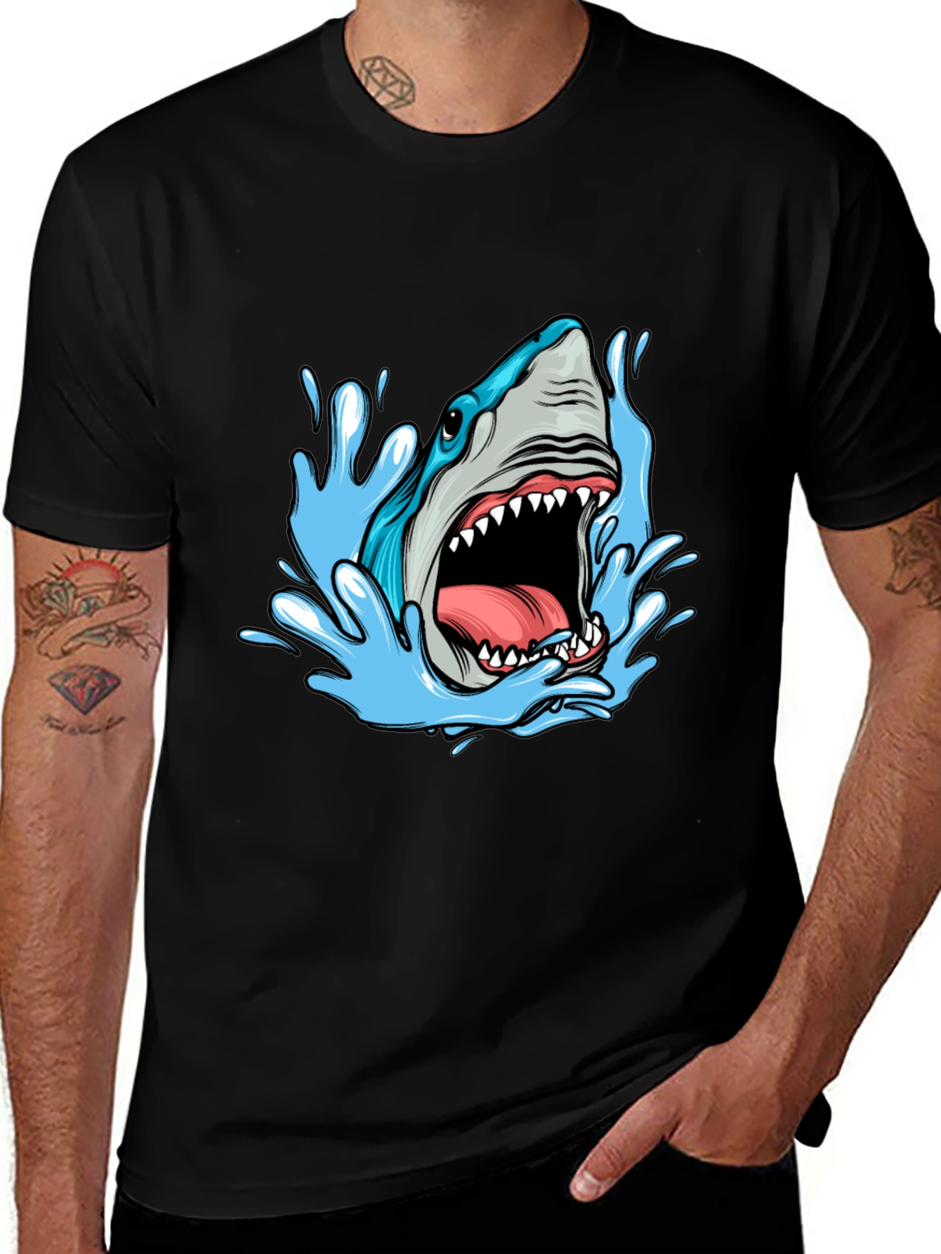 Shark Attack Graphic Tee - Black Cotton T-Shirt