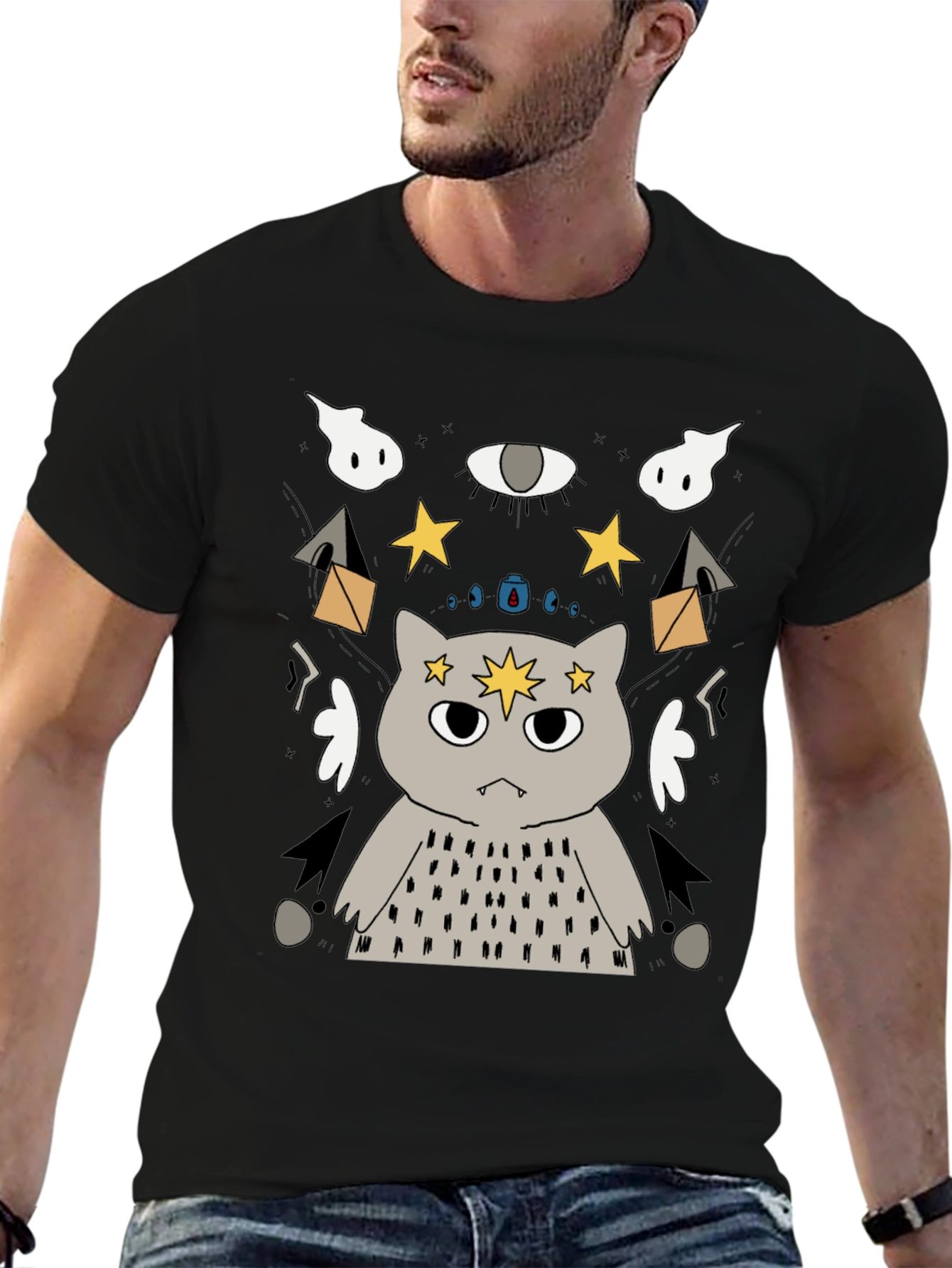 Mystical Cat Graphic T-Shirt - Unisex Black Tee