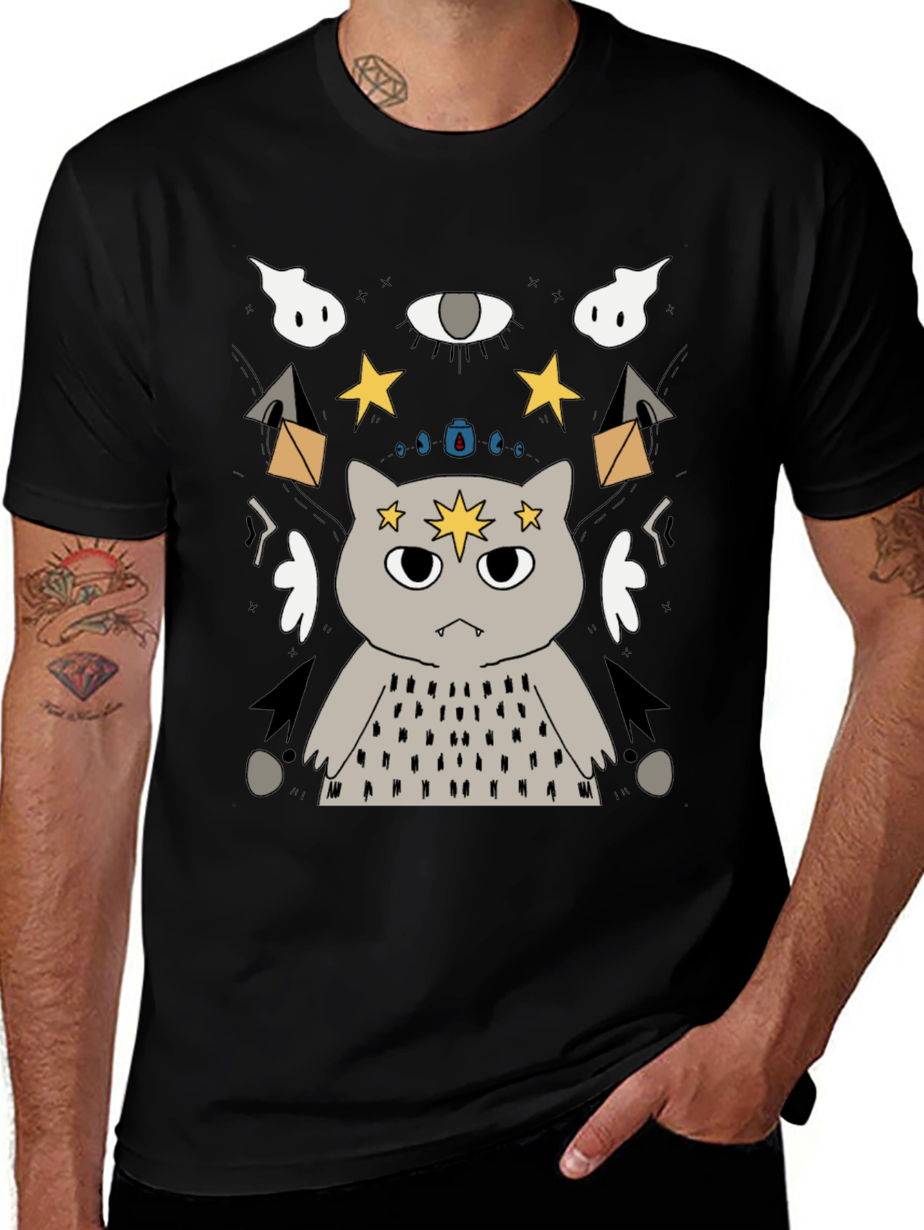 Mystical Cat Graphic T-Shirt - Unisex Black Tee