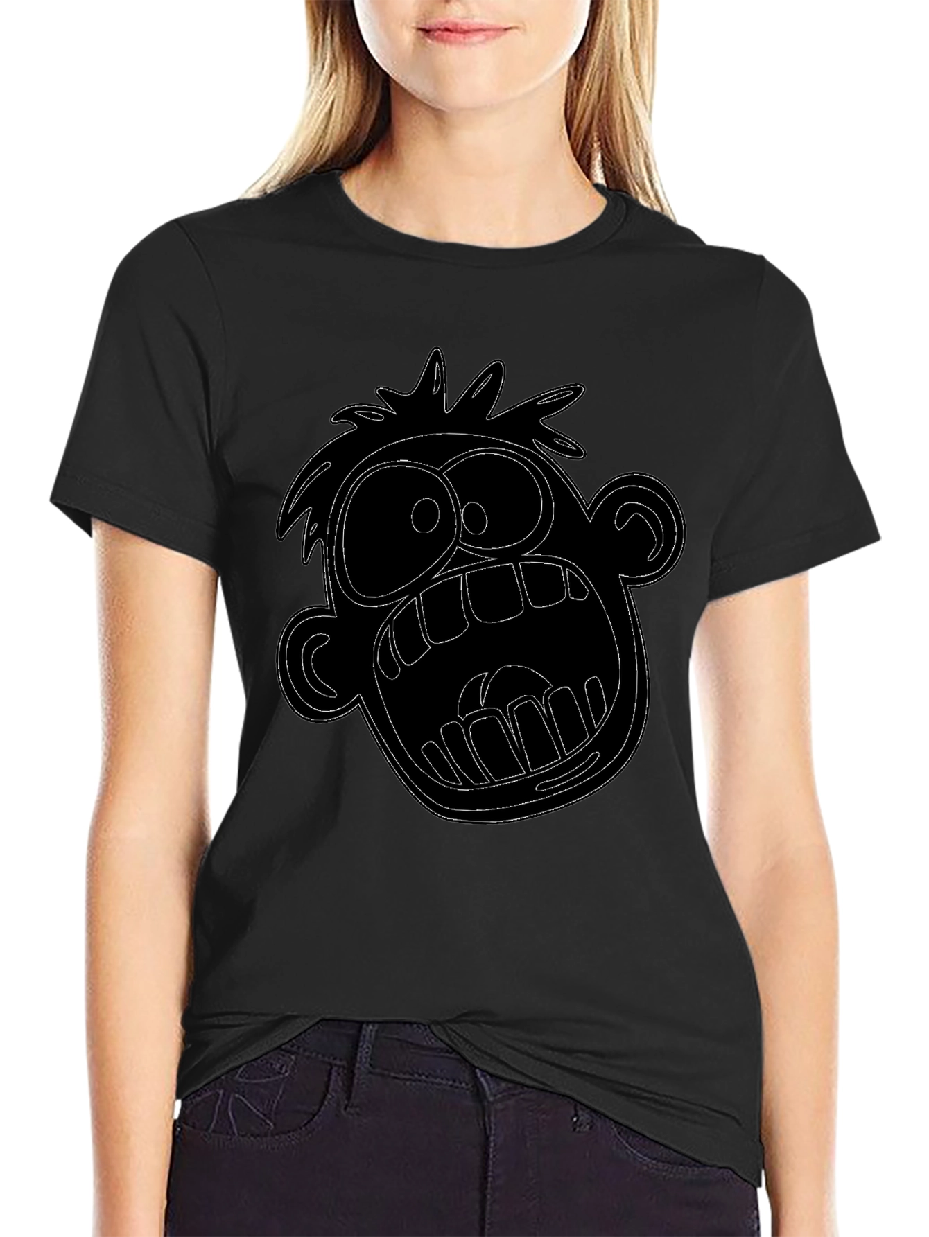 Cartoon Face Graphic Tee - Black Cotton T-Shirt