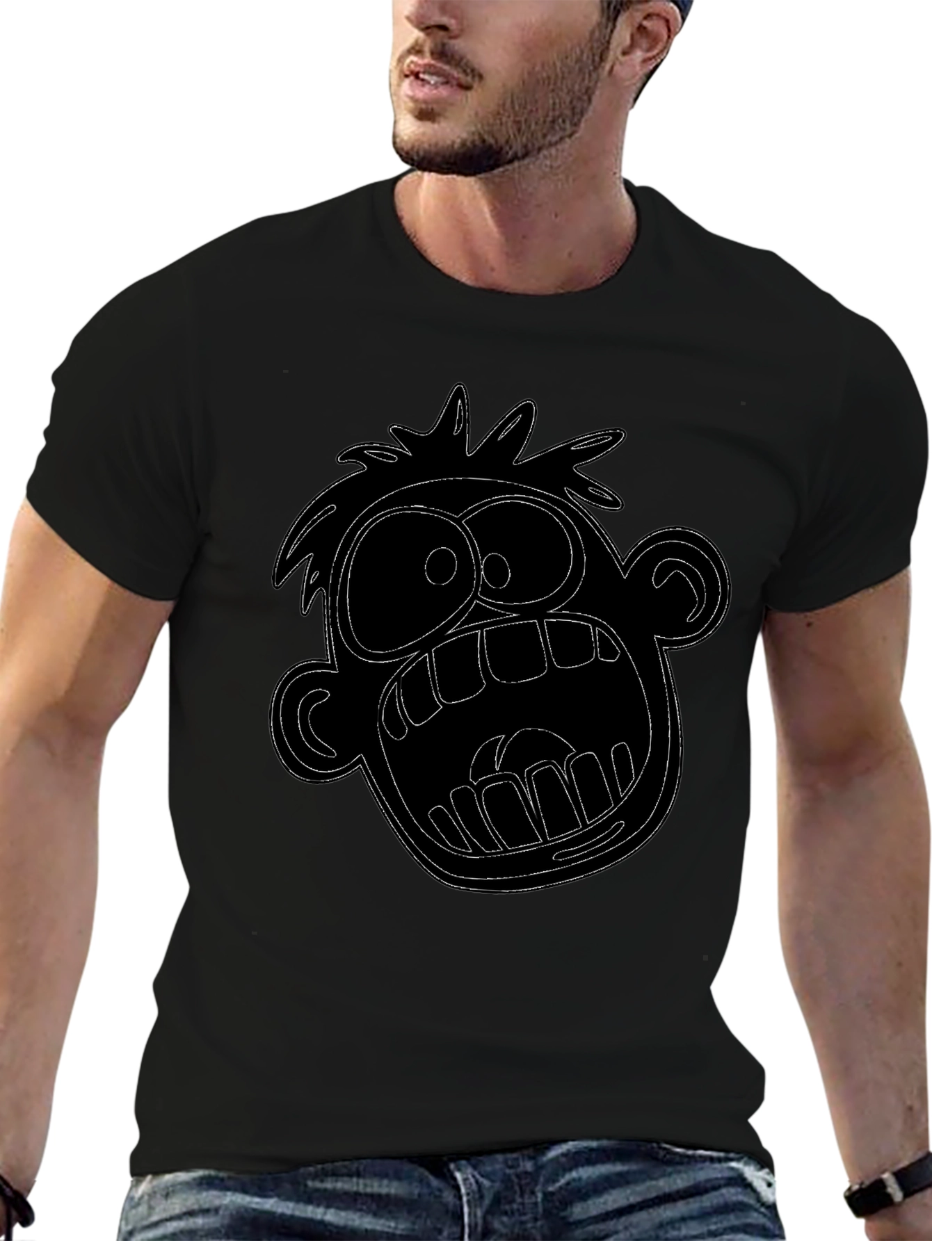 Cartoon Face Graphic Tee - Black Cotton T-Shirt