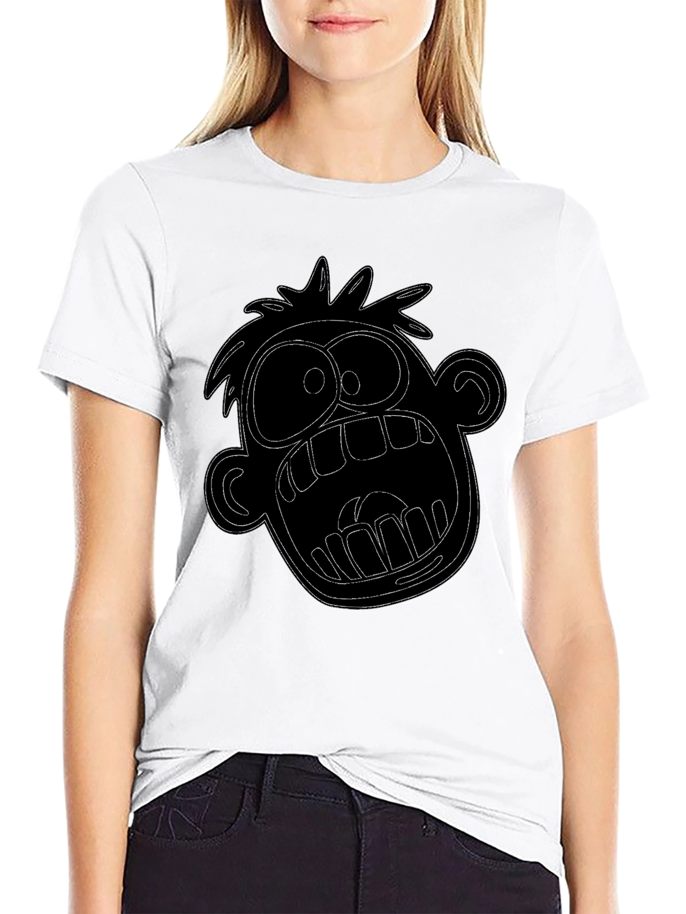 Cartoon Face Graphic Tee - Black Cotton T-Shirt