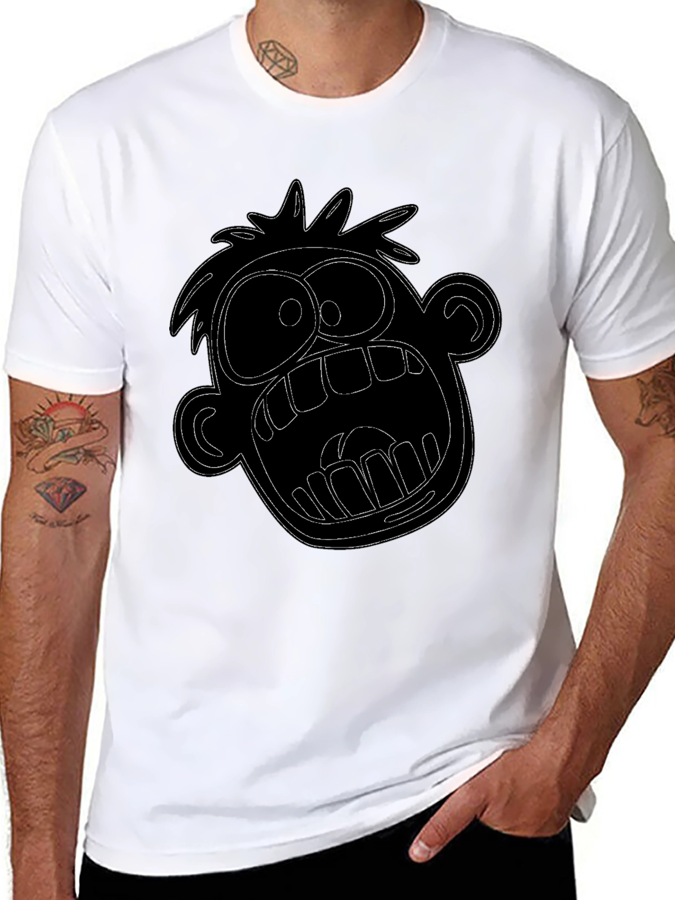 Cartoon Face Graphic Tee - Black Cotton T-Shirt