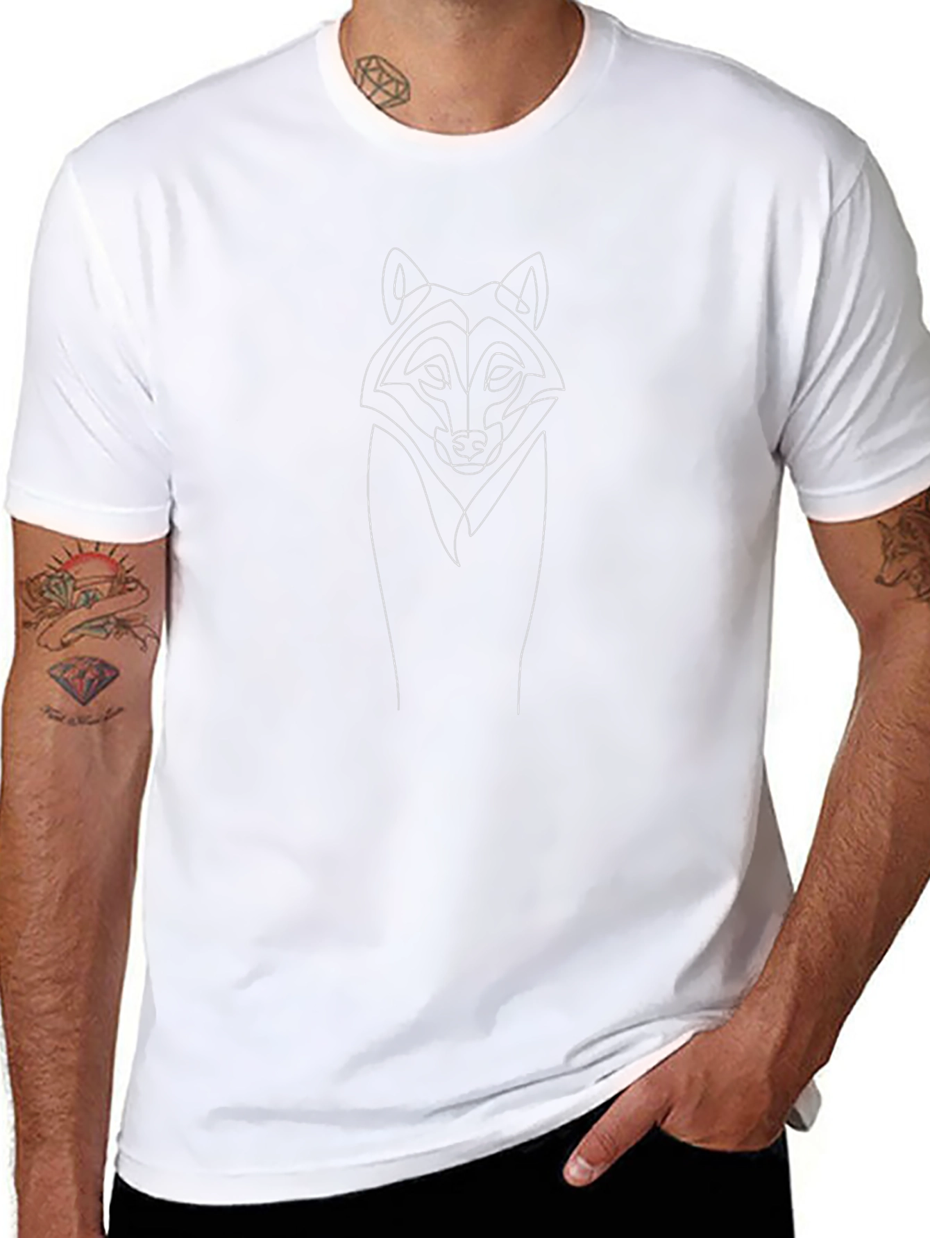 Minimalist Wolf Line Art Black T-Shirt