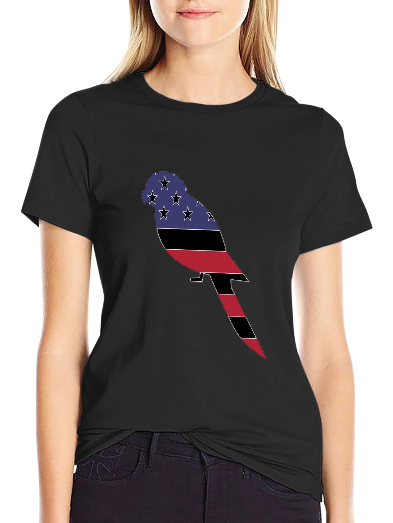 Patriotic Parrot Graphic Tee - Black Cotton Blend
