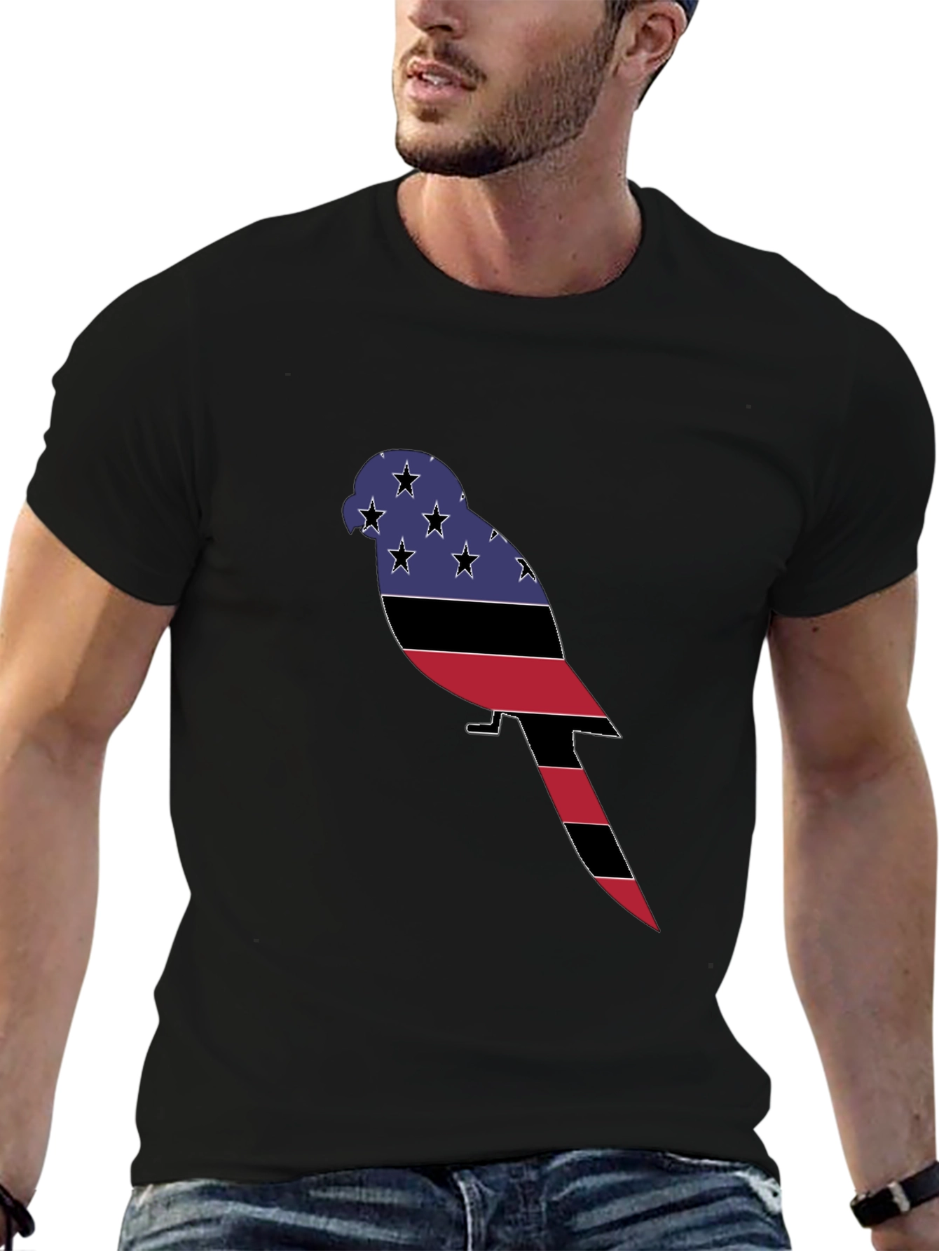 Patriotic Parrot Graphic Tee - Black Cotton Blend