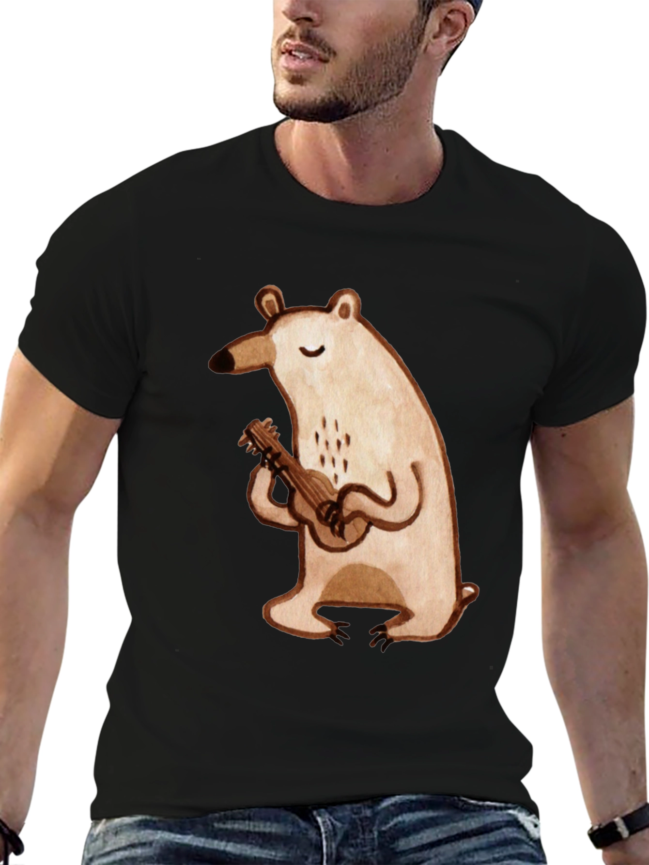 Bear Ukulele Graphic Tee - Soft Cotton Black T-Shirt