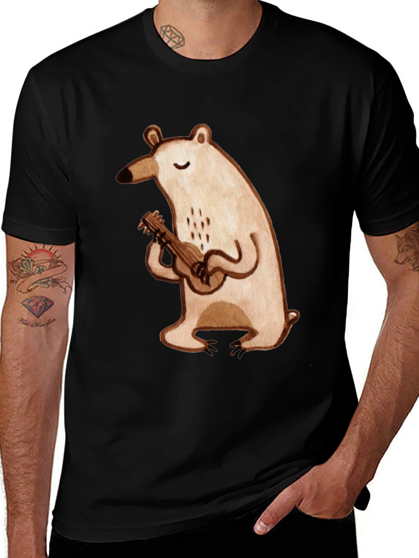 Bear Ukulele Graphic Tee - Soft Cotton Black T-Shirt