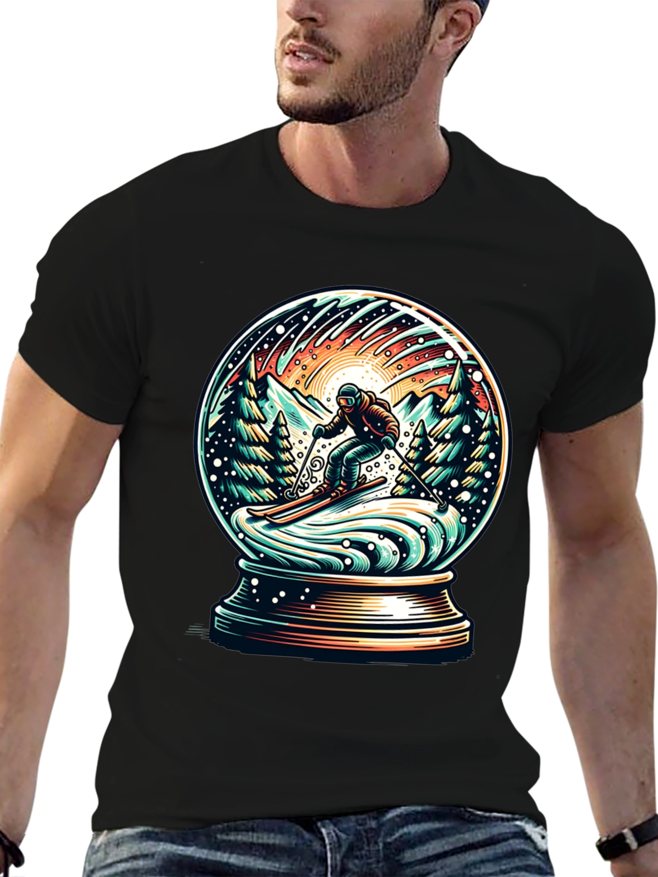 Snow Globe Skiing Graphic Tee - Winter Adventure Shirt