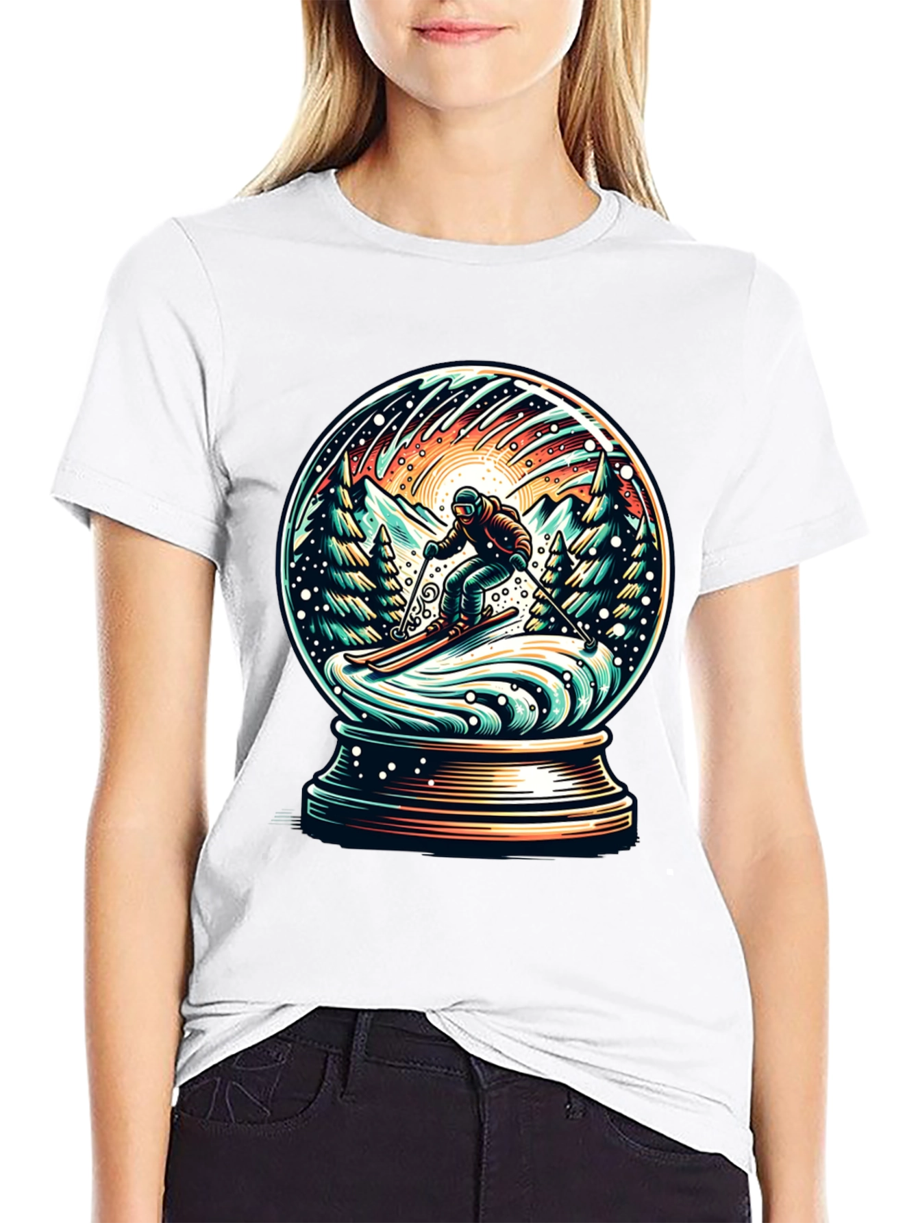 Snow Globe Skiing Graphic Tee - Winter Adventure Shirt