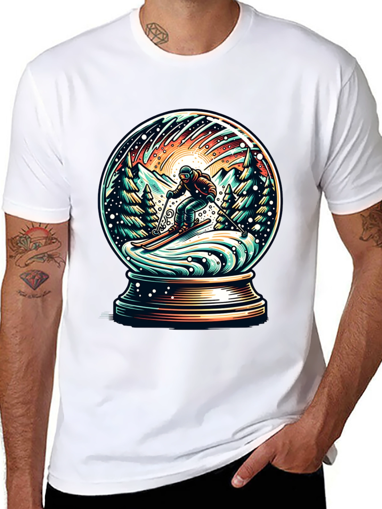 Snow Globe Skiing Graphic Tee - Winter Adventure Shirt