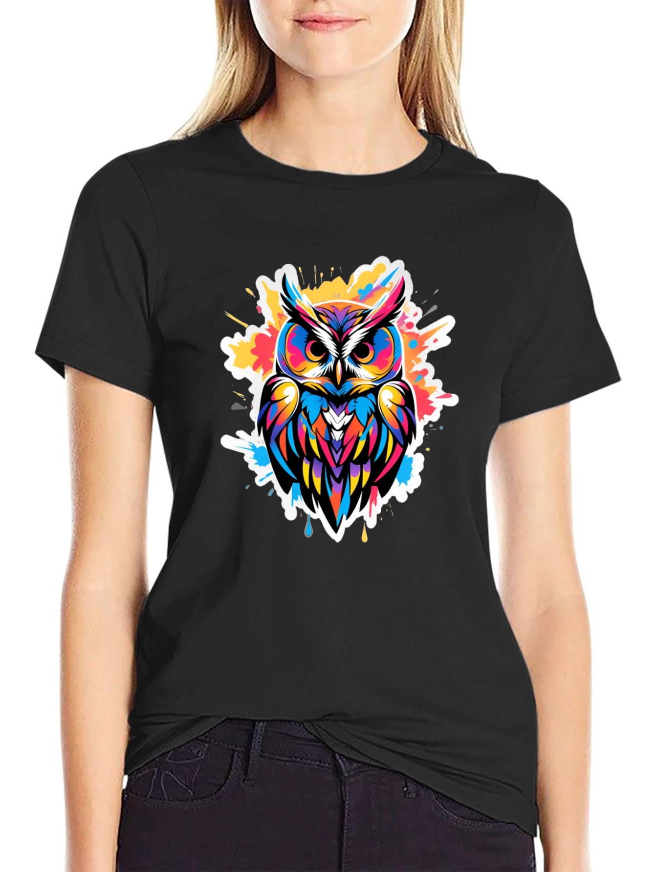 Vibrant Owl Graphic Tee - Black Cotton Blend