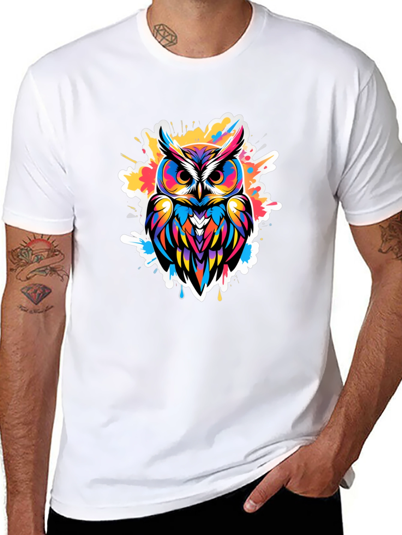 Vibrant Owl Graphic Tee - Black Cotton Blend