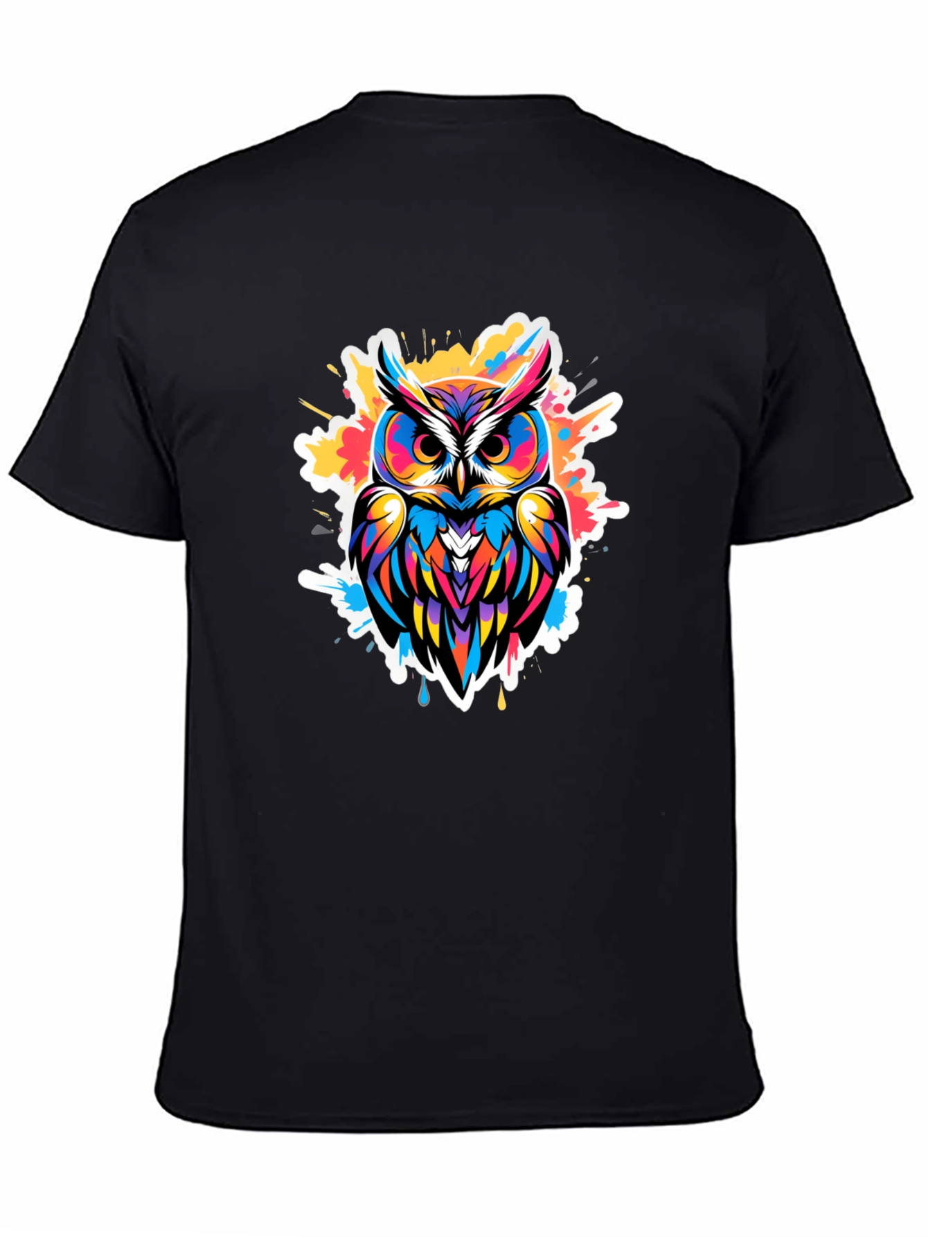 Vibrant Owl Graphic Tee - Black Cotton Blend