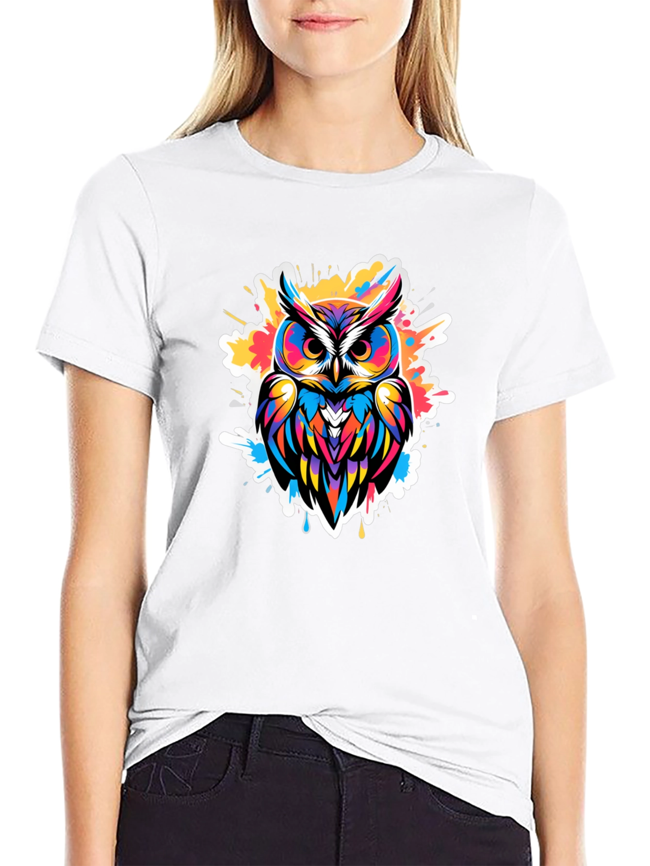 Vibrant Owl Graphic Tee - Black Cotton Blend